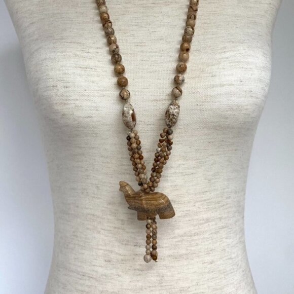 Beaded Long Hand Knotted Landscape Jasper Elephant Tassel Necklace 33" Infinity - Picture 6 of 16